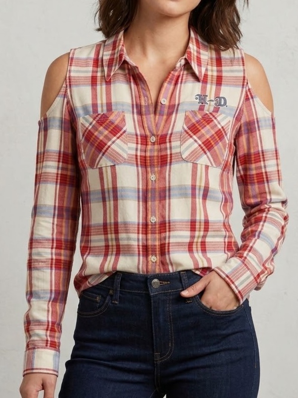 Harley Davidson Women’s Plaid Cold Shoulder Button Up Long Sleeve Top Size L